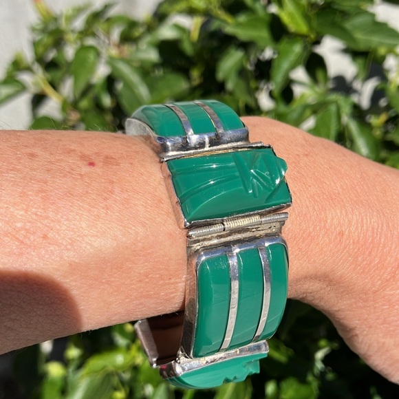 Taxco Jewelry - Huge Vintage Taxco Mexico Silver and Green Mask Panel Bracelet